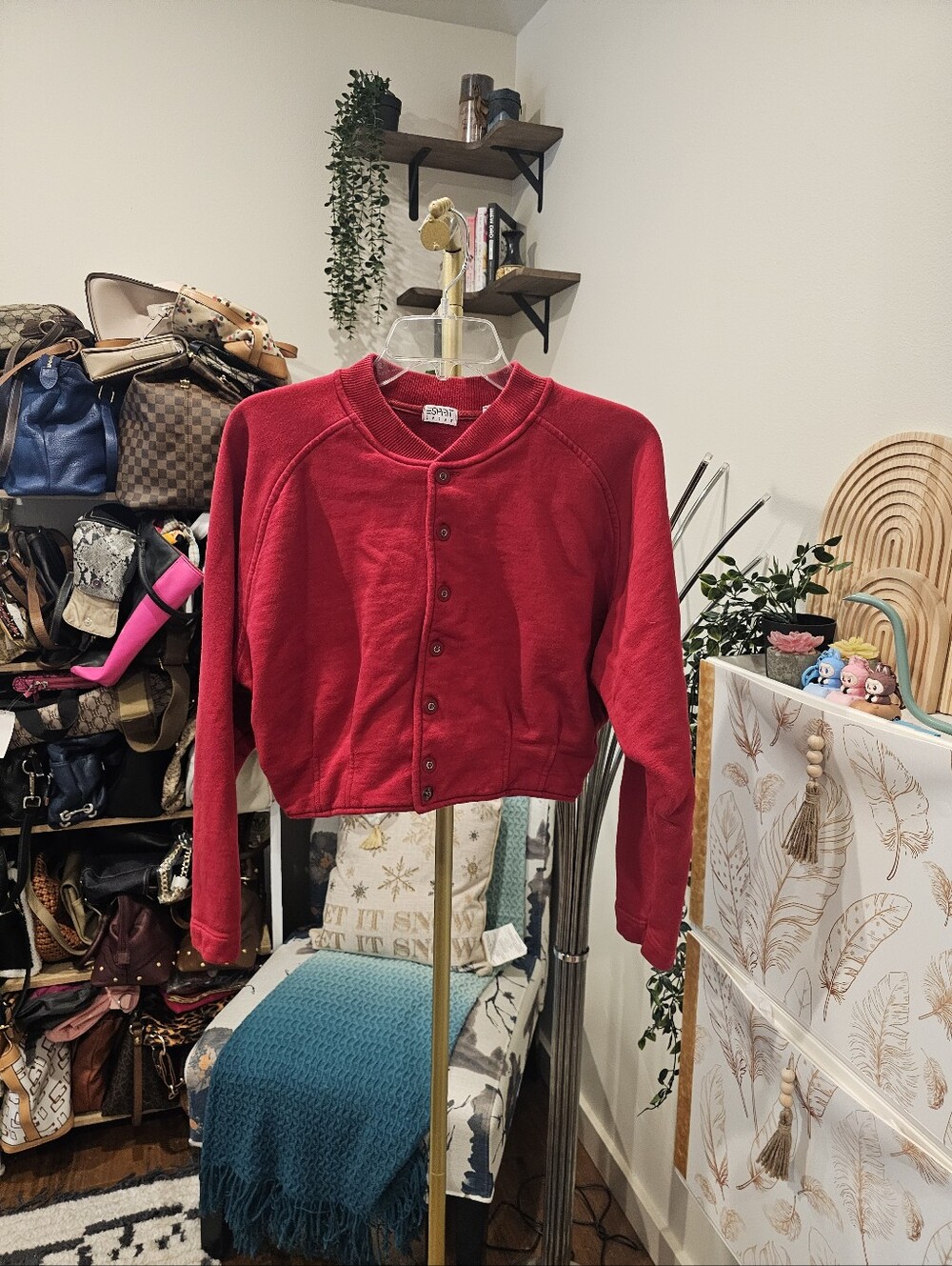 Vintage Esprit Red Cropped Button-Up Bomber Jacket
